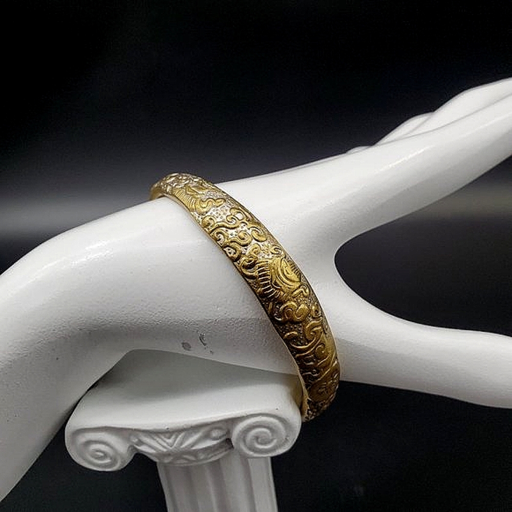 Chinese Brass with Silver Plate Bracelet w Tooled Design Scrolls and Koi Fish